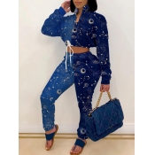Lovely Stylish Turndown Collar Print Blue Two Piec