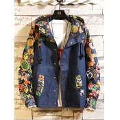 Lovely Casual Hooded Collar Patchwork Print Blue M
