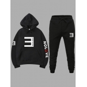 LW Men Casual Hooded Collar Letter Print Black Two