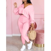 LW V Neck Zipper Design Basic Pants Set