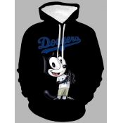Lovely Men Casual Hooded Collar Cartoon Print Blac