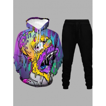 LW Men Hooded Collar Cartoon Print Oversized Pants Set, lovely, Two-piece Pants Set  - buy with discount