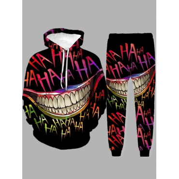 

LW Men Hooded Collar Print Pants Set, Black