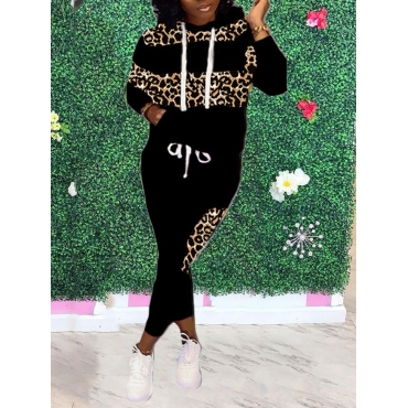 

LW BASICS Casual Hooded Collar Leopard Print Patchwork Black Two Piece Pants Set