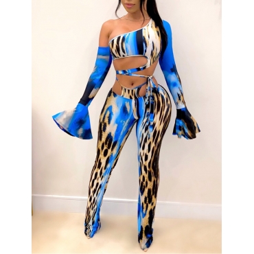 

LW SXY Trendy Print Bandage Design Blue Two Piece Pants Set