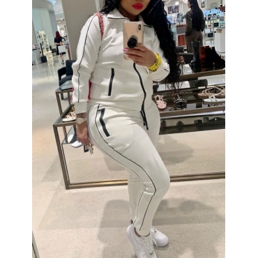 

LW Plus Size Casual Turndown Collar Zipper Design White Two-piece Pants Set