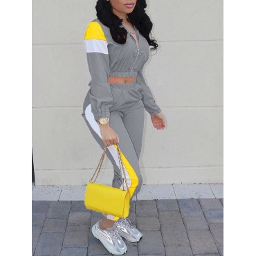 

LW Sportswear Turndown Collar Patchwork Zipper Design Grey Two Piece Pants Set