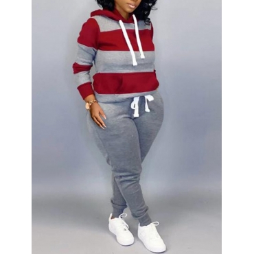 

LW Plus Size Casual Hooded Collar Striped Grey Two-piece Pants Set