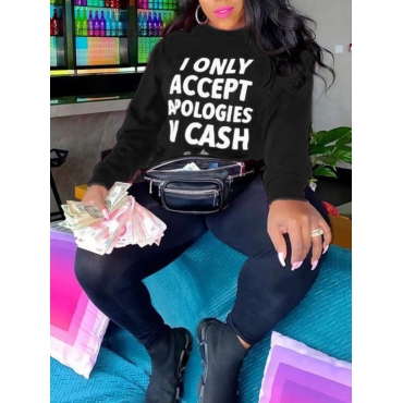 

LW Plus Size Casual O Neck Letter Print Black Hoodie