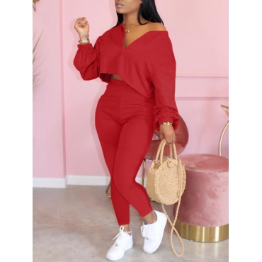 

LW V Neck Zipper Design Basic Pants Set, Red