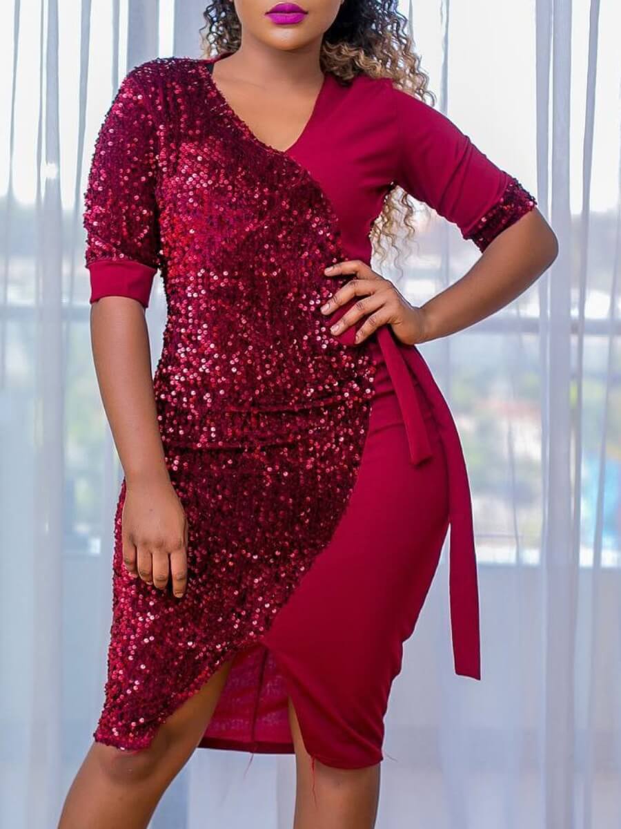 

Lovely Trendy V Neck Sequined Patchwork Red Knee Length Dress