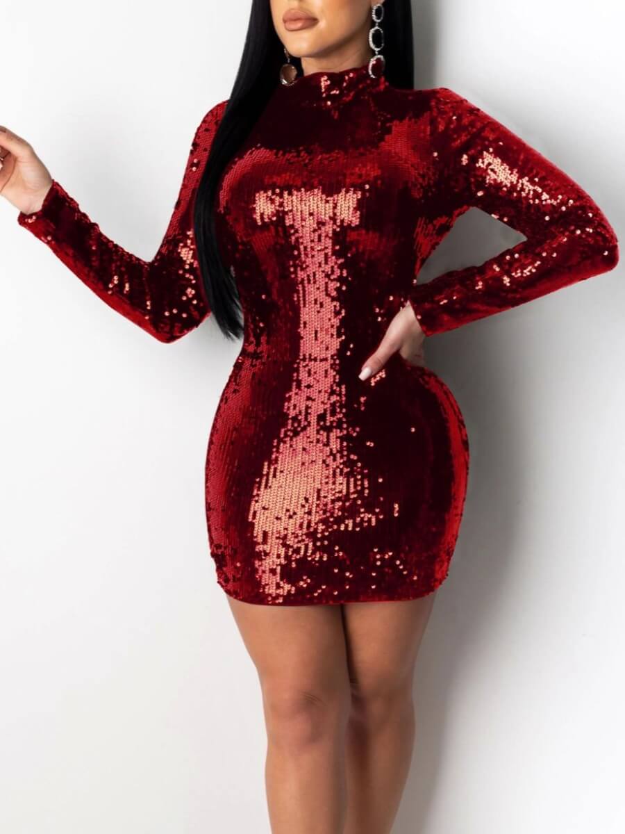 

Lovely Stylish Turtleneck Sequined Red Mini Dress