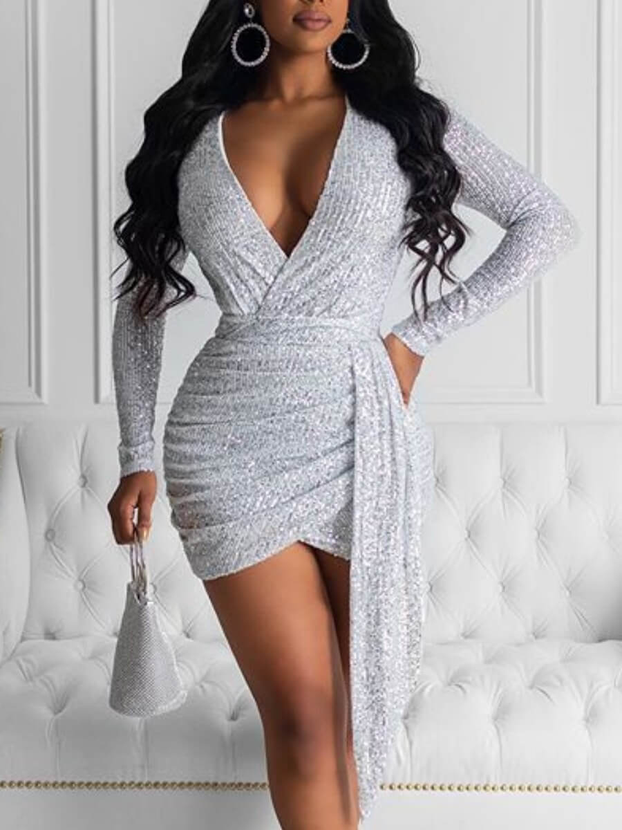 

Lovely Sexy Deep V Neck Asymmetrical Silver Mini Dress