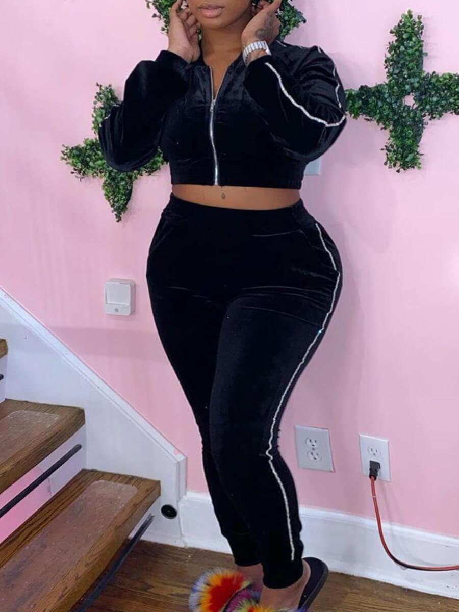 

Lovely Casual Long Sleeve Crop Top Black Two Piece Pants Set