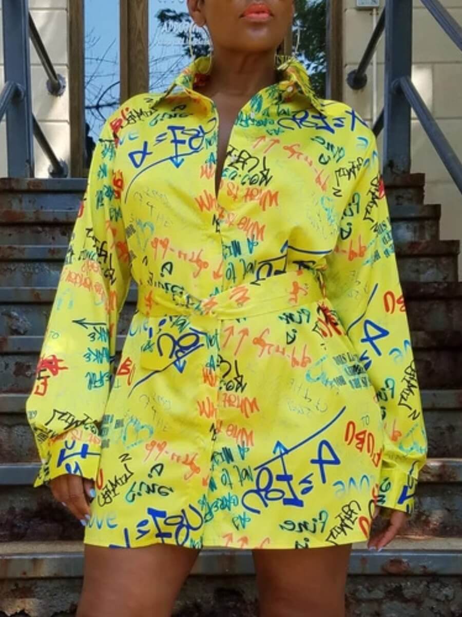 

Lovely Stylish Turndown Collar Letter Print Yellow Mini Dress