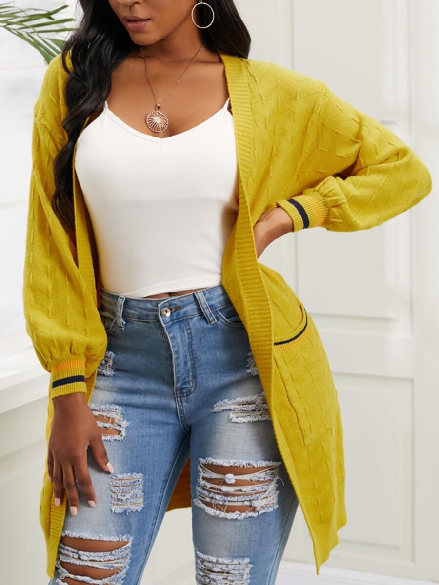 

Lovely Casual Pocket Patched Loose Yellow Cardigan