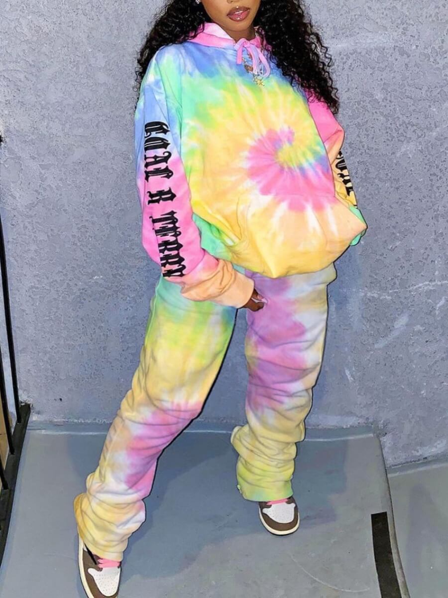 

Lovely Street Dropped Shoulder Tie Dye Letter Print Yellow Two Piece Pants Set