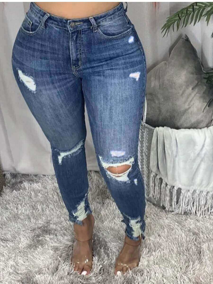 LovelyWholesale Plus Size Ripped Skinny Deep Blue Jeans Spring|Fall Street Ripped  5X Spring Summer 2024