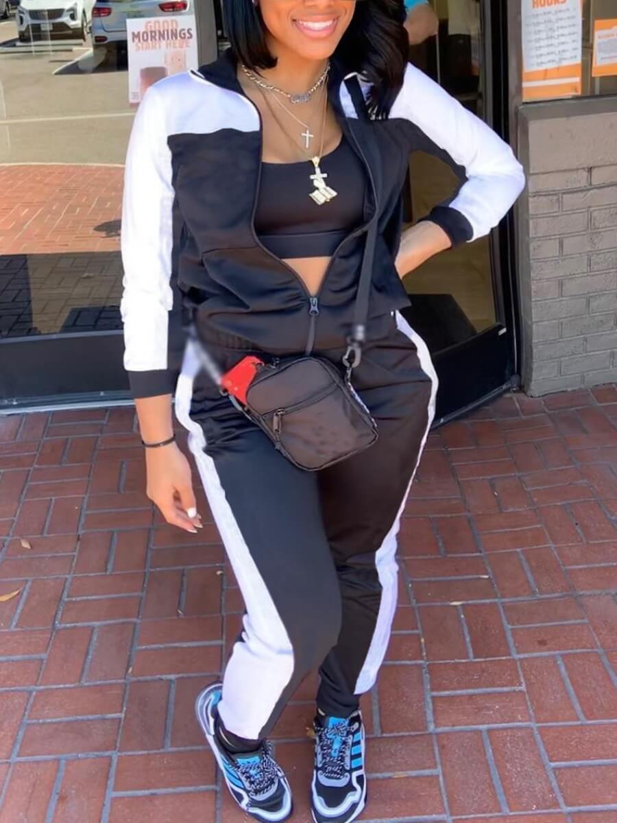 

Lovely Sportswear Turndown Collar Patchwork Black Two Piece Pants Set