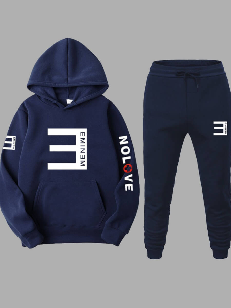 

Lovely Casual Hooded Collar Letter Print Navy Blue Men Two-piece Pants Set