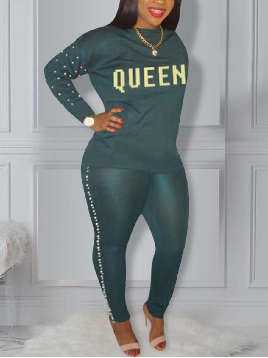 

Lovely Sportswear O Neck Letter Print Green Plus Size Two-piece Pants Set