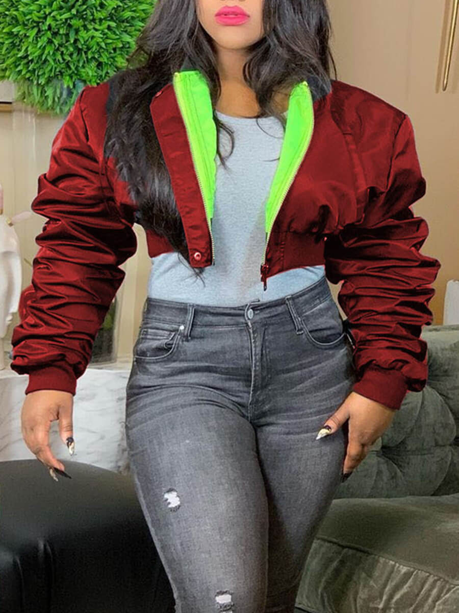 

Lovely Stylish Zipper Design Wine Red Short Parka