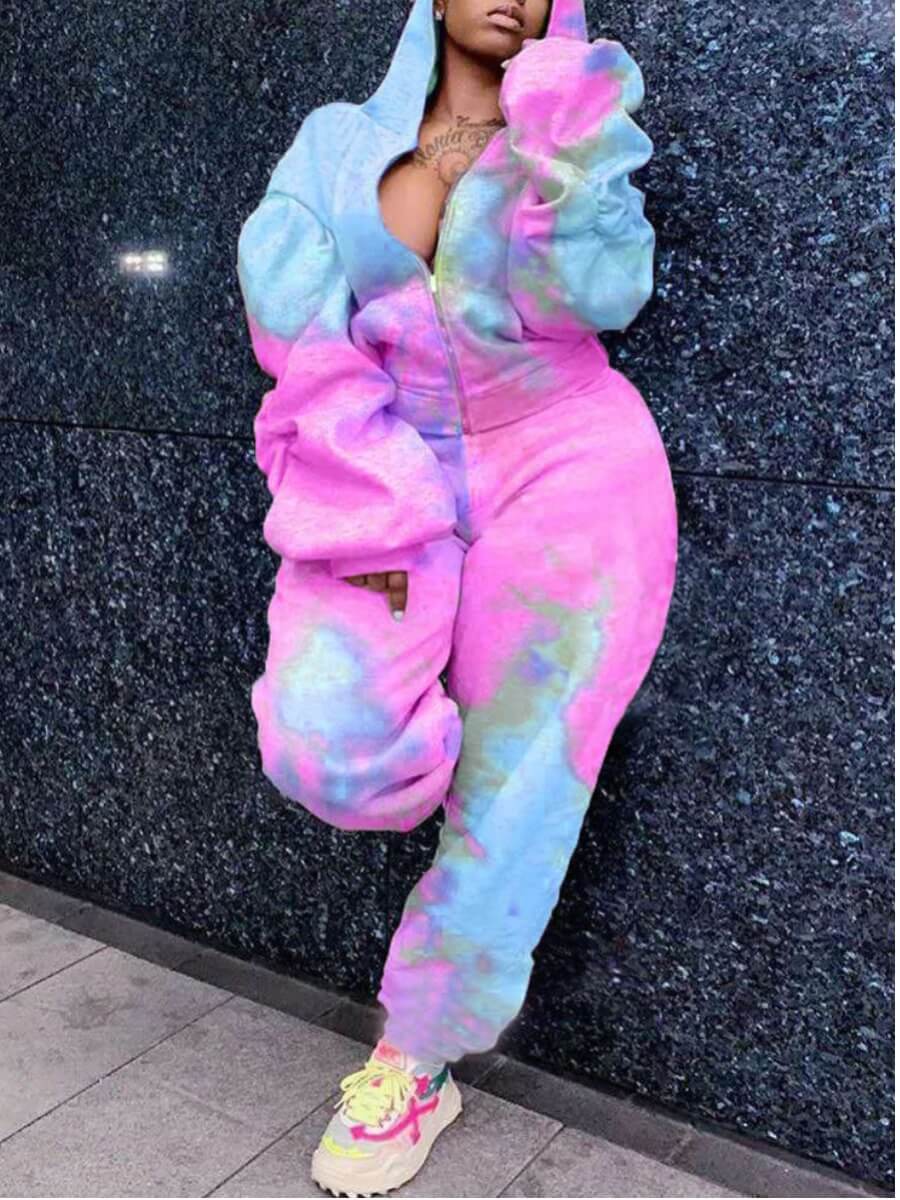 

Lovely Plus Size Stylish Hooded Collar Tie-dye Purple Two-piece Pants Set