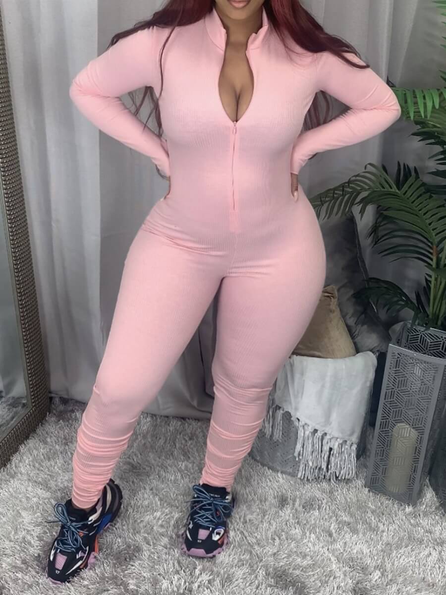 

Lovely Casual Turndown Collar Long Sleeve Pink One-piece Jumpsuit