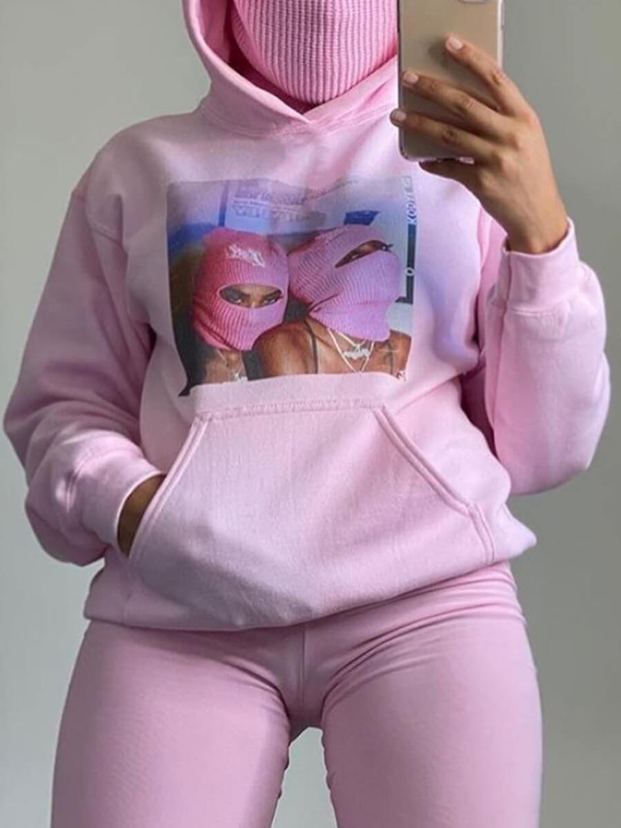 

LW Leisure Hooded Collar Print Pink Hoodie
