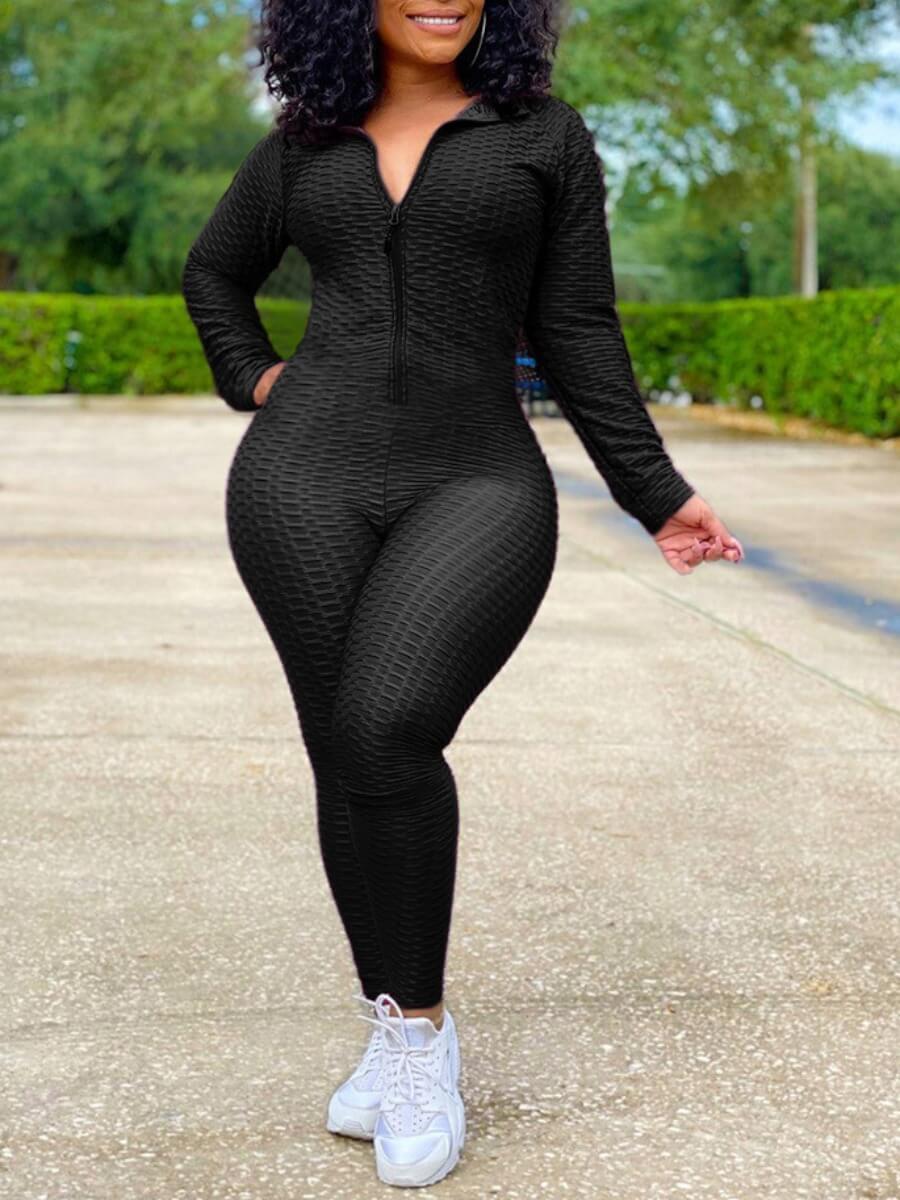 

Lovely Sportswear Turndown Collar Zipper Design Black One-piece Jumpsuit