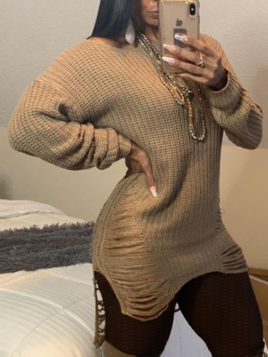 

Lovely Street O Neck Broken Holes Khaki Sweater