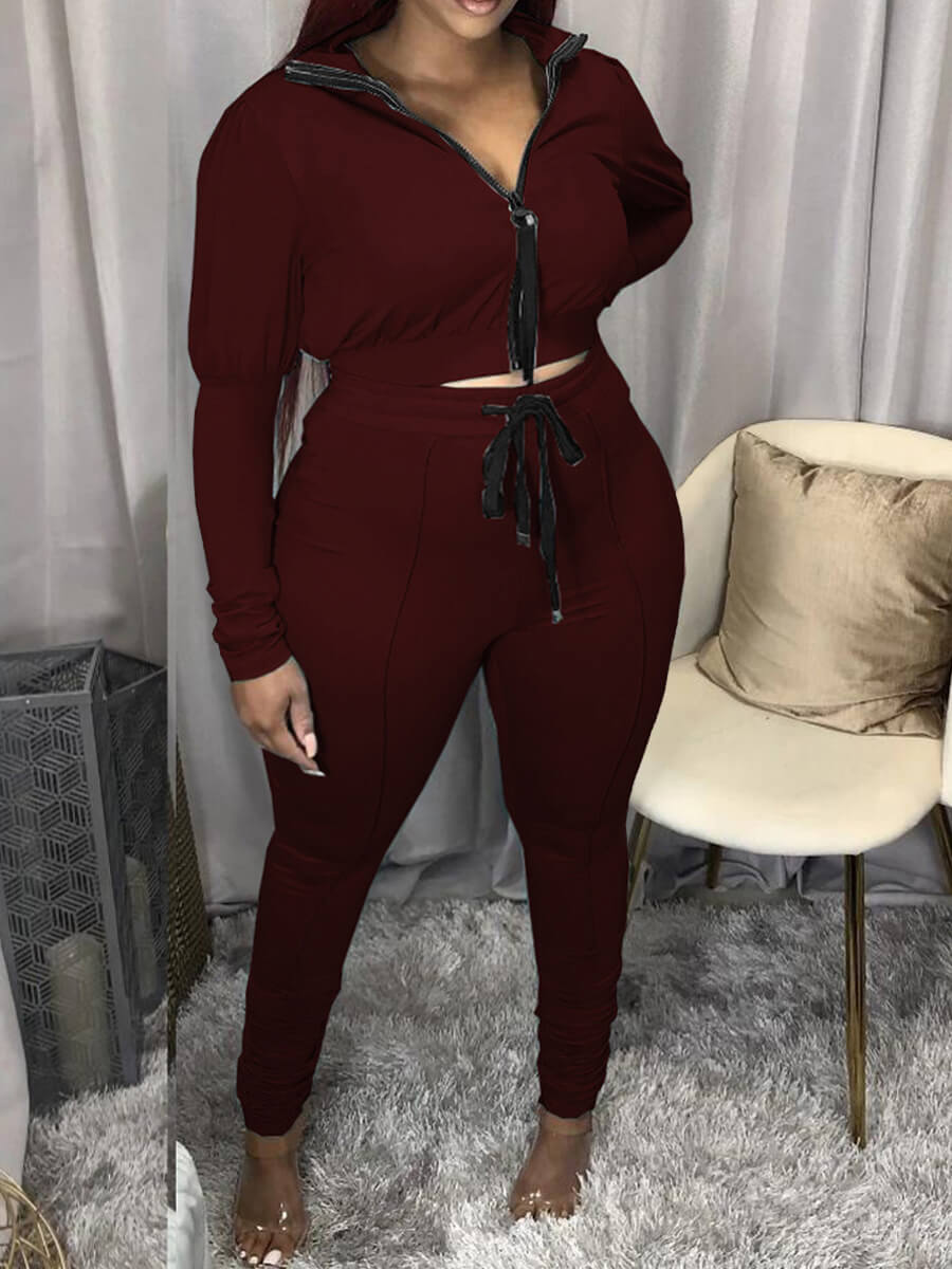 

Lovely Casual Turndown Collar Zipper Design Wine Red Plus Size Two-piece Pants Set