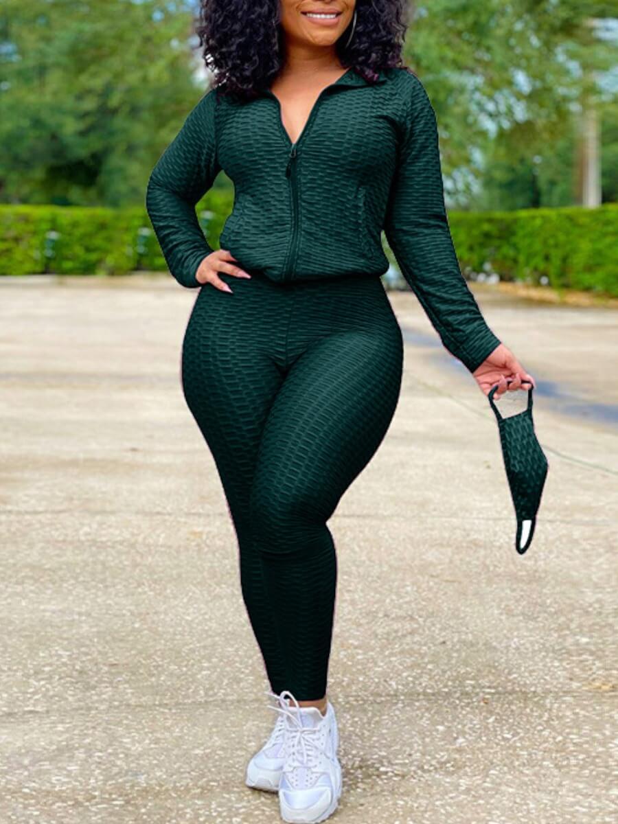 

Lovely Sportswear Turndown Collar Zipper Design Dark Green Two Piece Pants Set(Without Mask