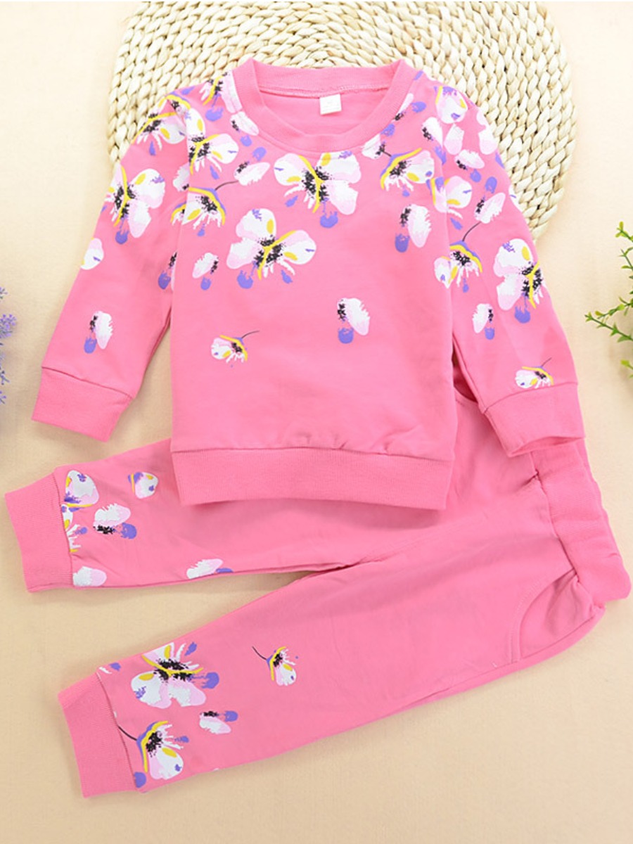 

Lovely Sportswear O Neck Butterfly Print Pink Girl Two-piece Pants Set