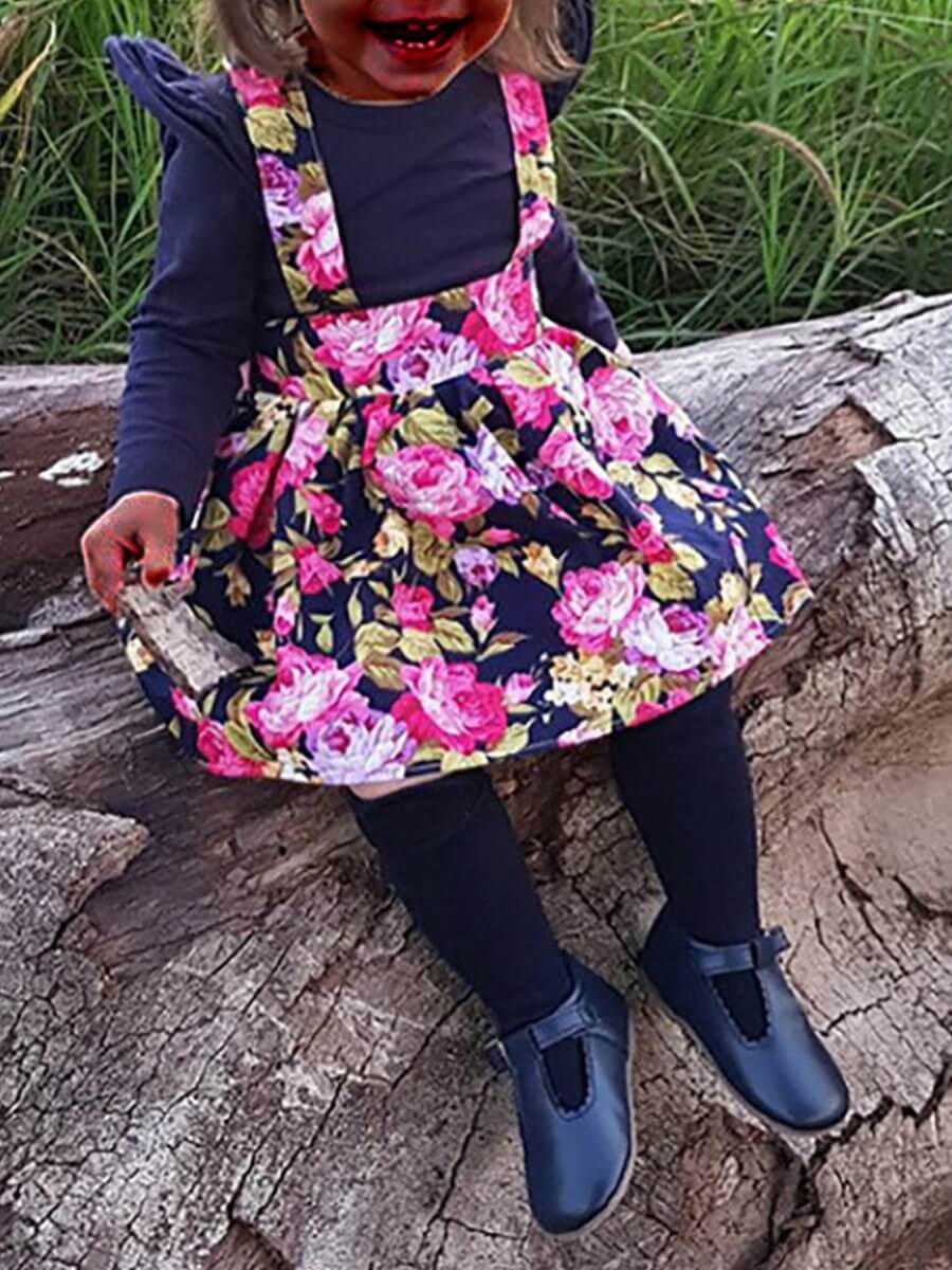 

Lovely Sweet O Neck Floral Print Black Girl Two-piece Skirt Set