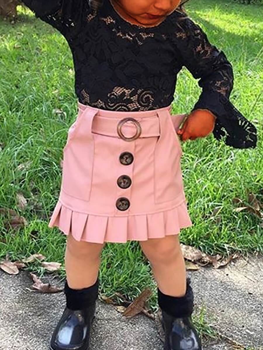 

Lovely Trendy O Neck Lace Buttons Design Black Girl Two-piece Skirt Set