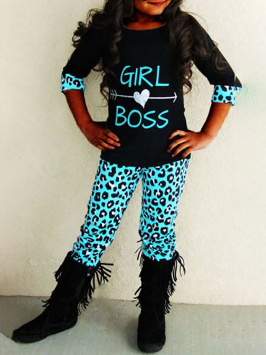 

Lovely Girl Casual O Neck Letter Print Black Two-piece Pants Set
