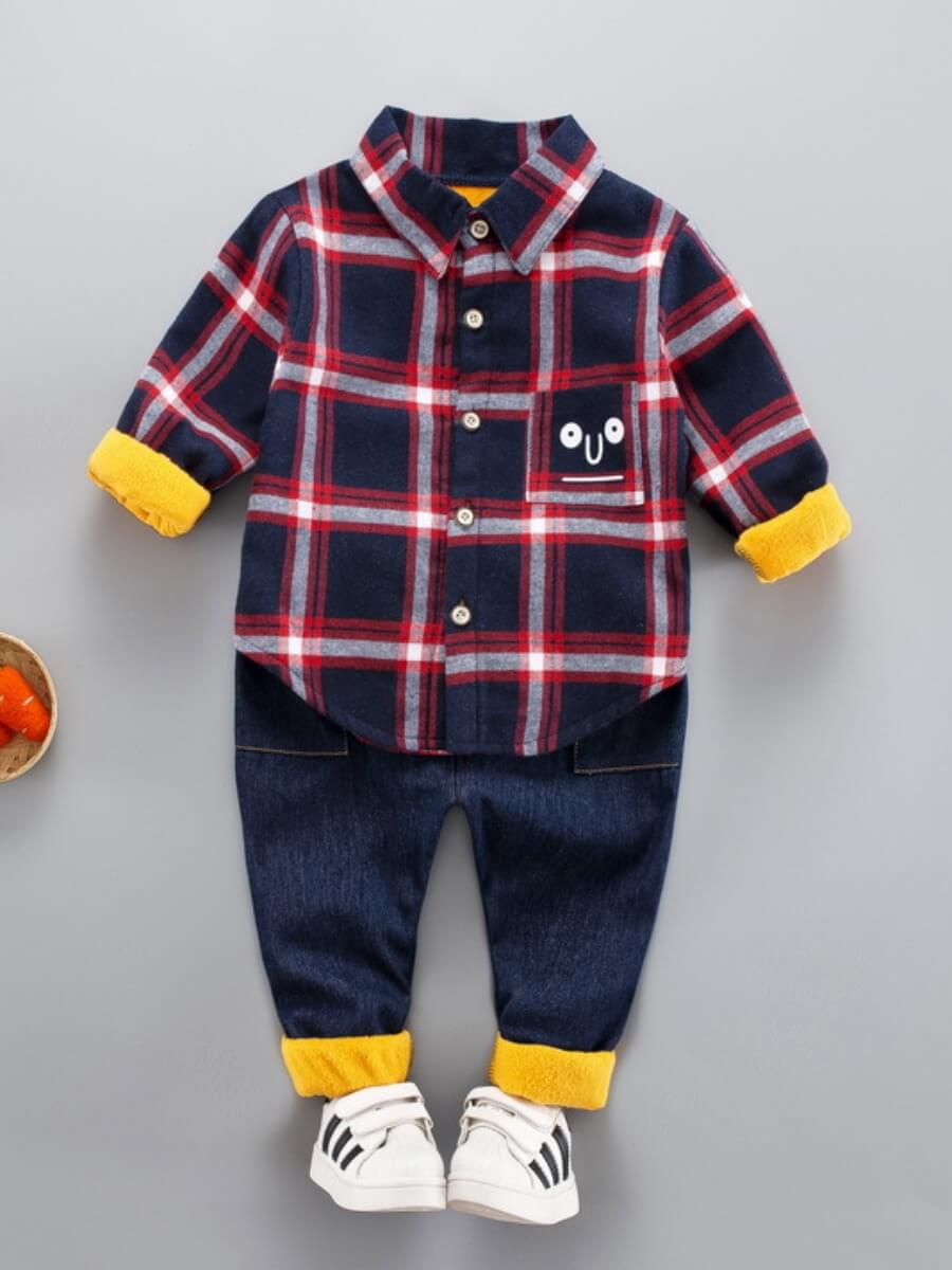 

Lovely Casual Shirt Collar Grid Print Red And Black Boy Two-piece Pants Set, Red and black check