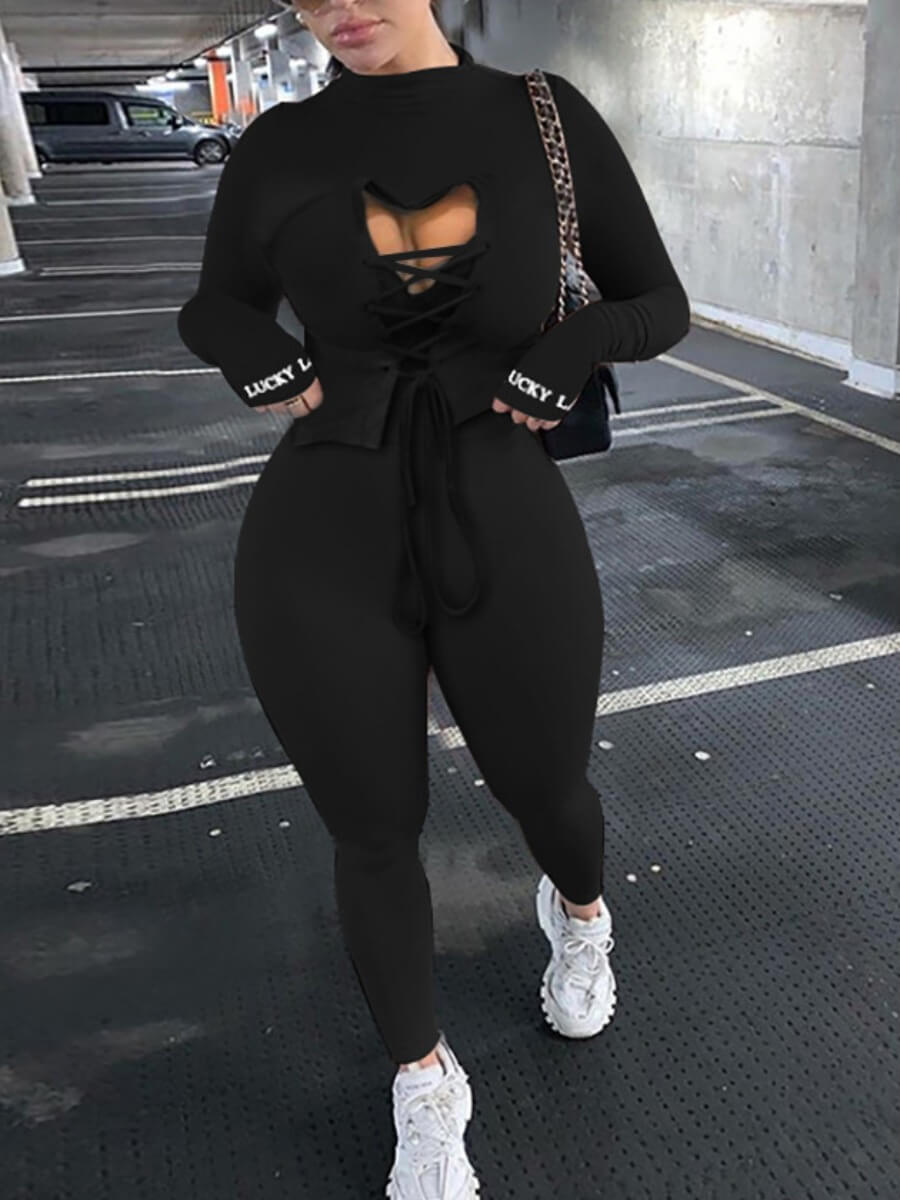 

Lovely Casual Cross Strap Hollow-out Black Two Piece Pants Set