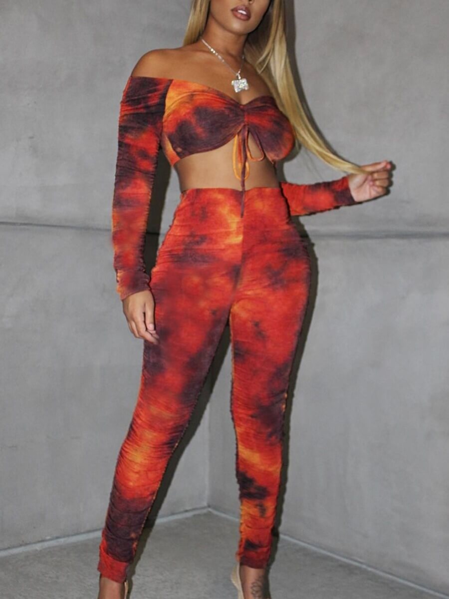 

Lovely Casual Off The Shoulder Tie Dye Print Orange Red Two Piece Pants Set