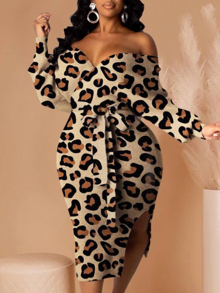 

Lovely Stylish Dew Shoulder Leopard Print Mid Calf Plus Size Dress