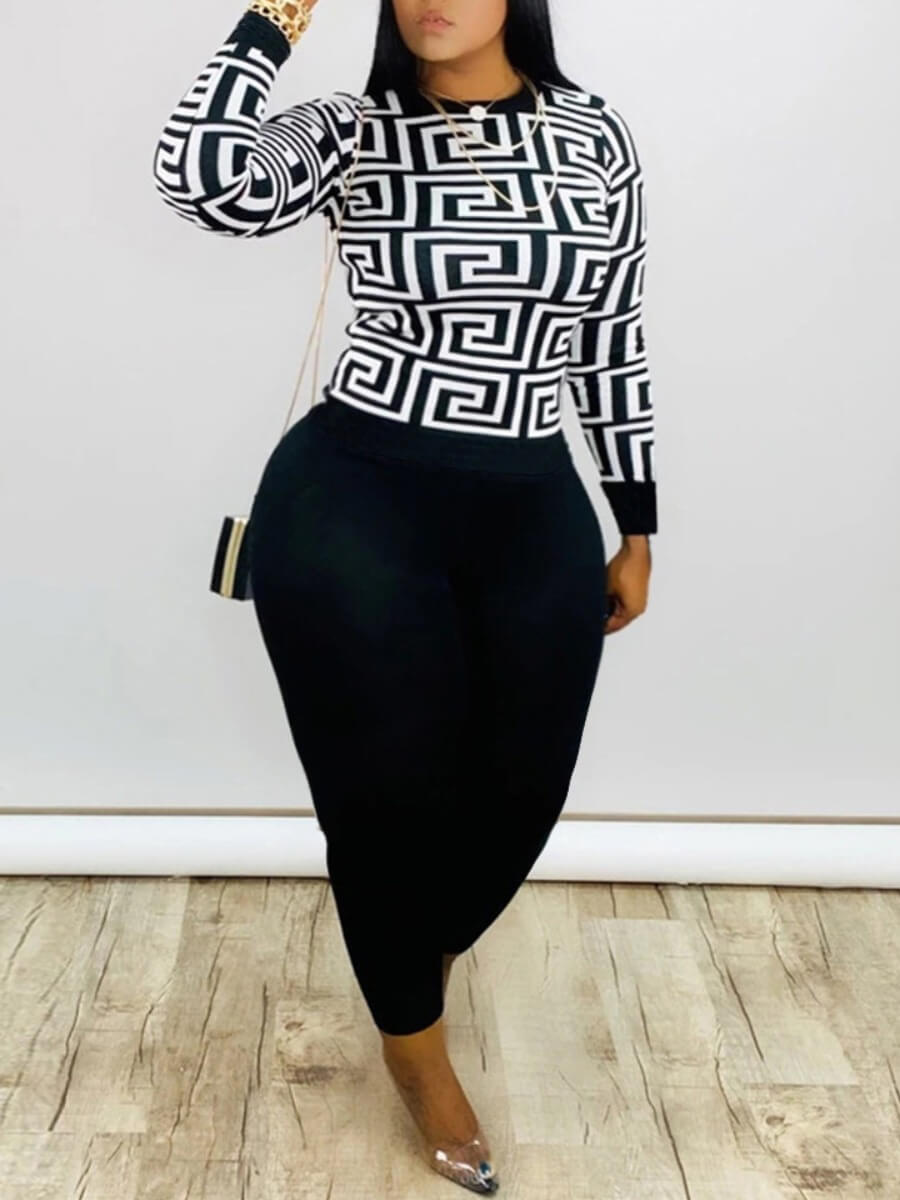 LW Plus Size Round Neck Geometric Print Pants Set