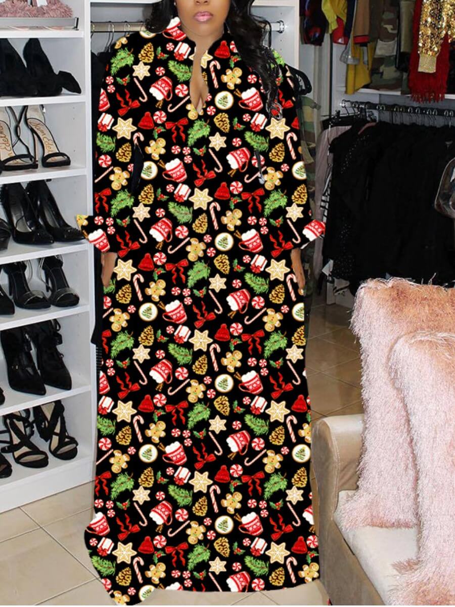 

Lovely Trendy Turndown Collar Floral Print Black Maxi Dress
