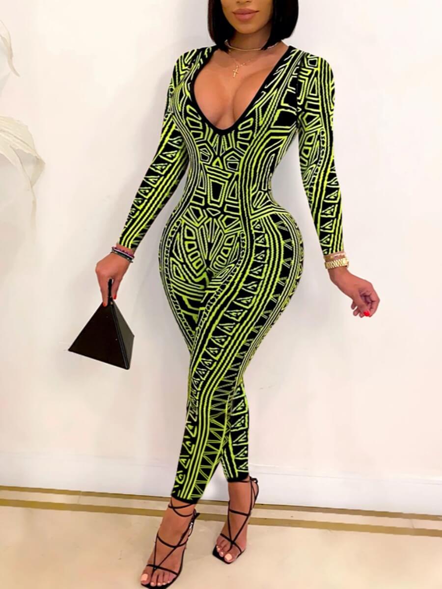 

Lovely Casual V Neck Print Green One-piece Jumpsuit