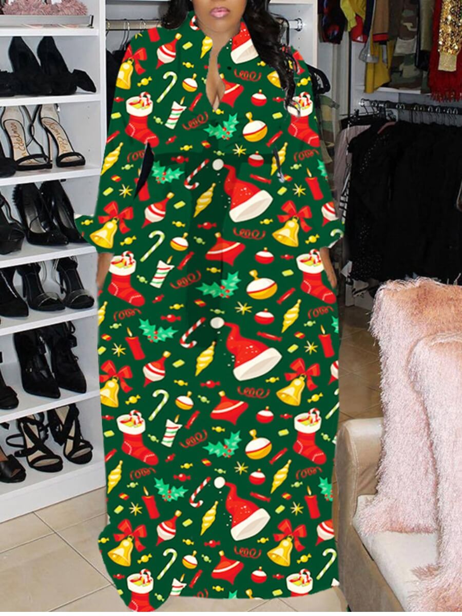 

Lovely Trendy Turndown Collar Print Green Maxi Plus Size Dress