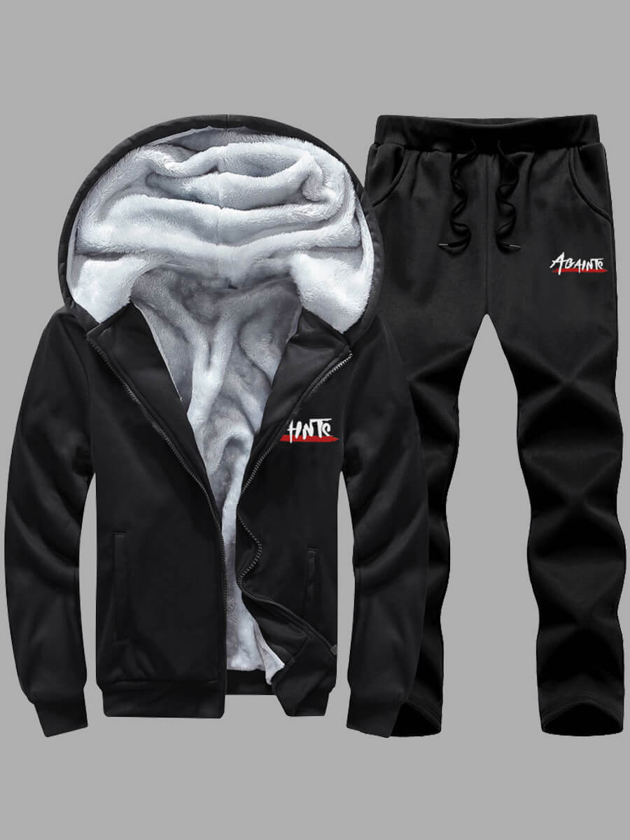 

Lovely Sportswear Hooded Collar Print Zipper Design Black Men Two-piece Pants Set