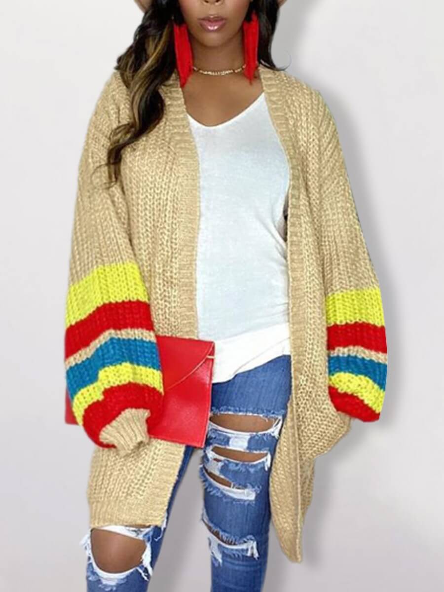 

Lovely Casual Loose Long Sleeve Striped Patchwork Khaki Cardigan