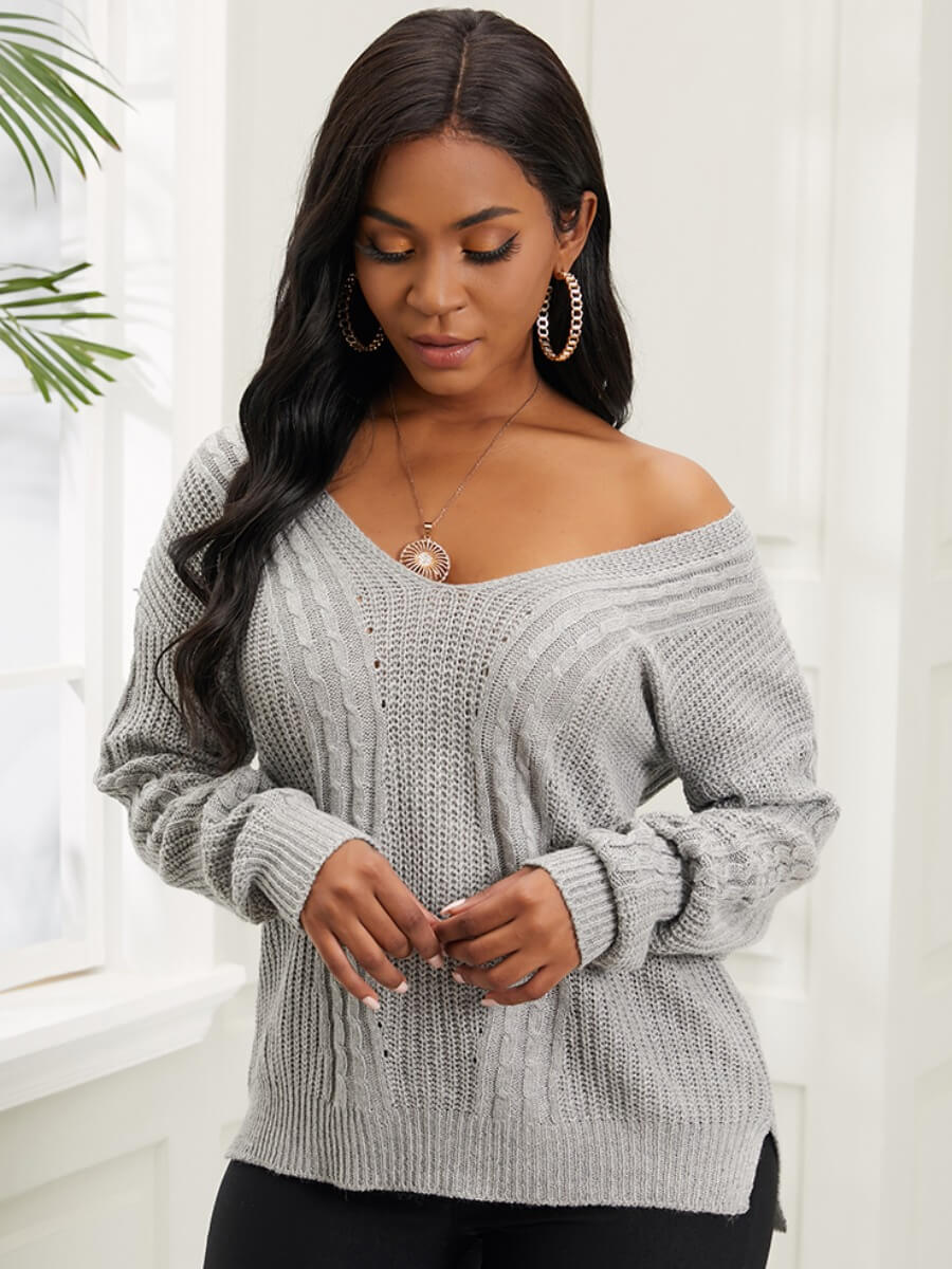 

Lovely Work V Neck Dropped Shoulder Side Split Grey Sweater