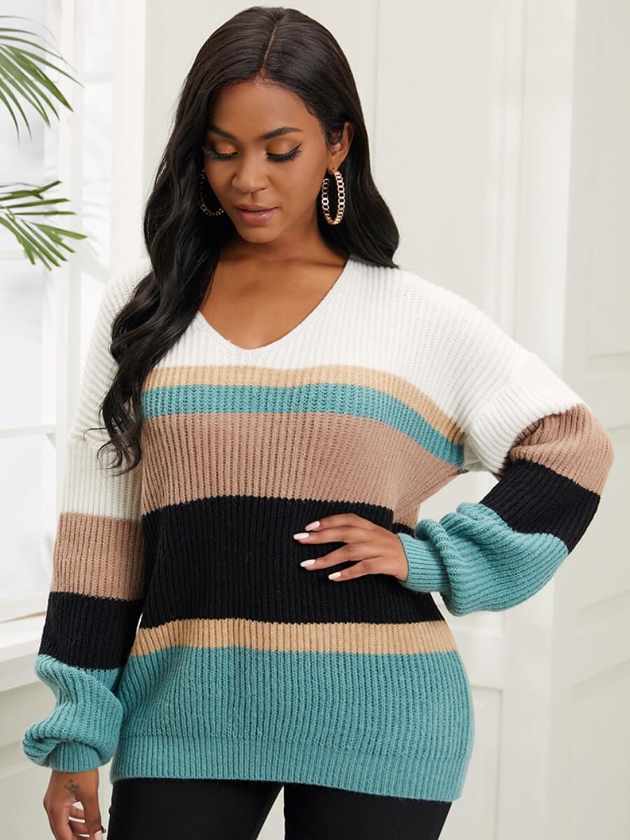 

Lovely Trendy V Neck Dropped Shoulder Striped Stitching Green Sweater