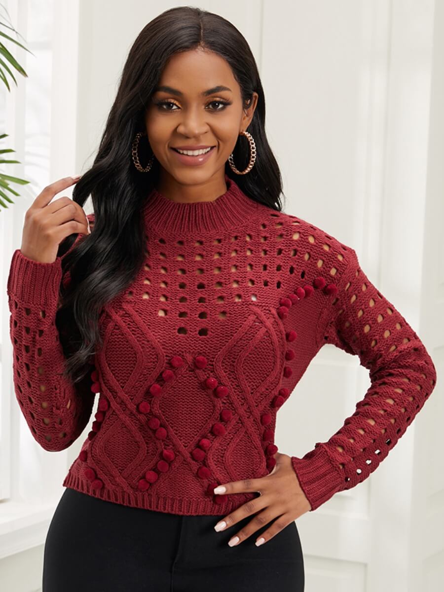 

Lovely Street Dropped Shoulder Hollow-out Purplish Red Sweater
